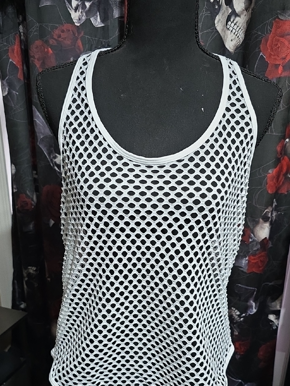 White Fishnet Racerback Tank, LG